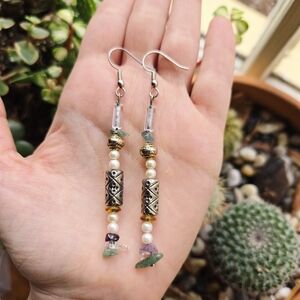 Vintage Pair of Jade, Purple Quartz, Faux Pearl Dangle Drop Beaded Hook Earrings